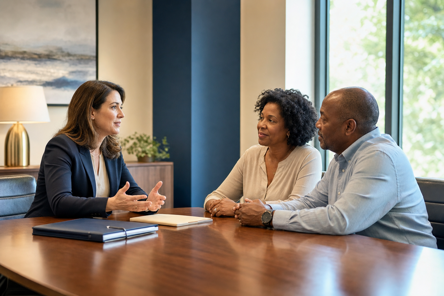 Legal professional listening to clients during a consultation