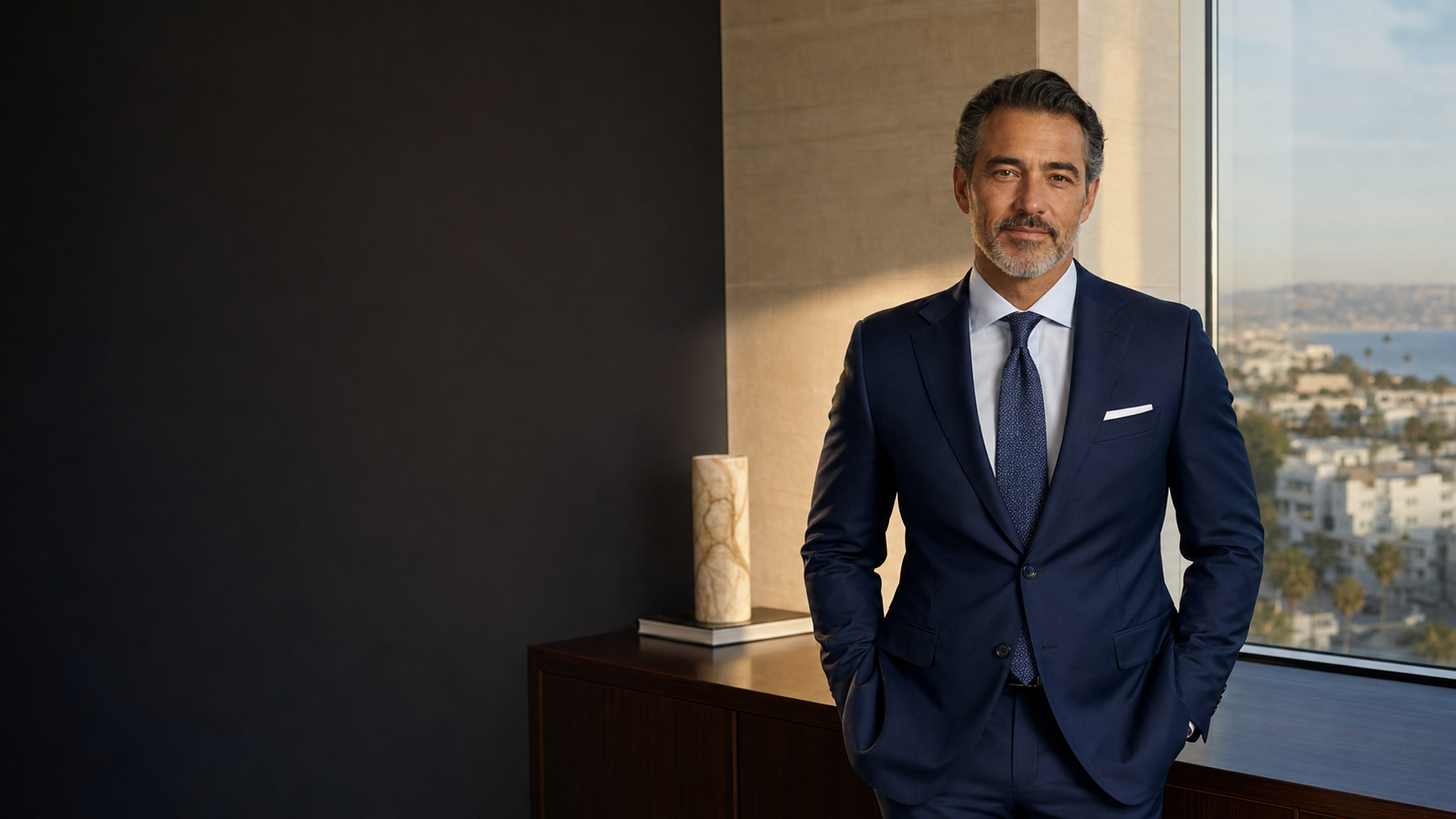 Attorney standing in a bright office overlooking a coastal city