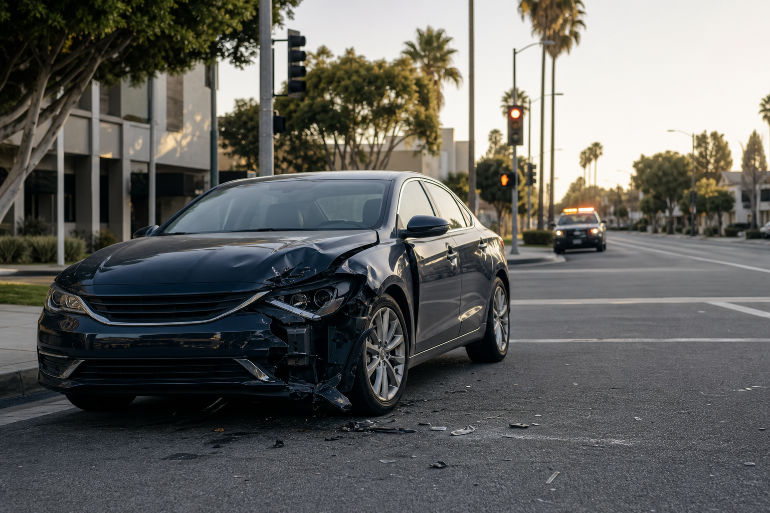 Damaged vehicle at a city intersection after a collision